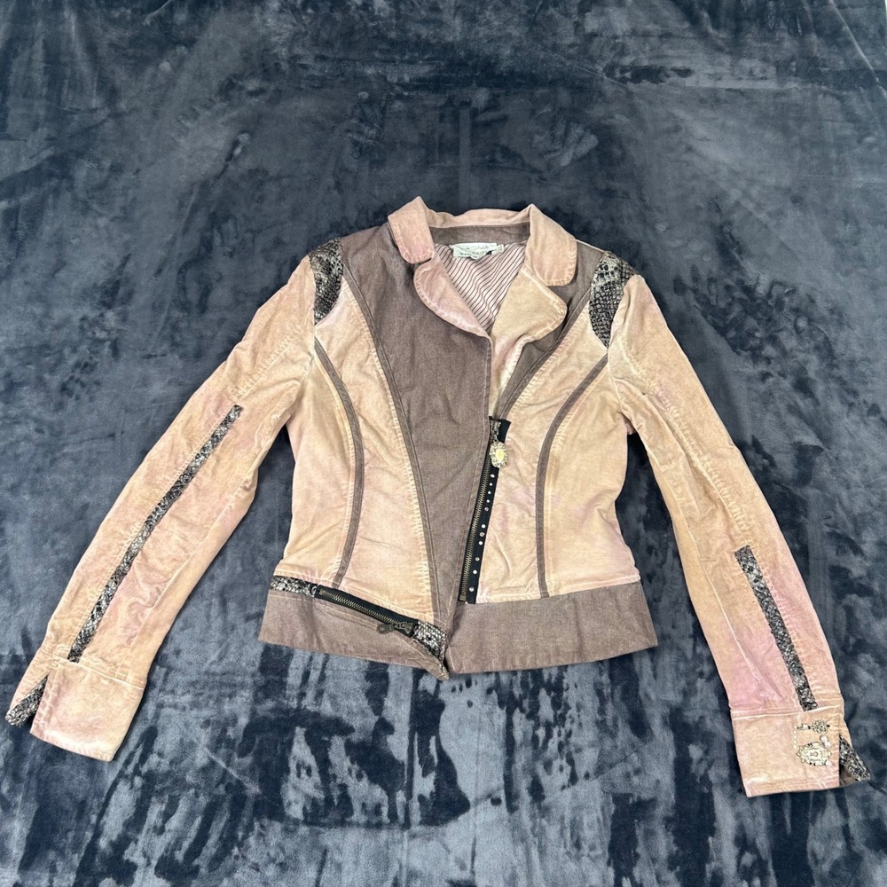 Elisa Cavaletti Jacket Womens Medium Tan Brown Moto Snakeskin Trim Italy 3344